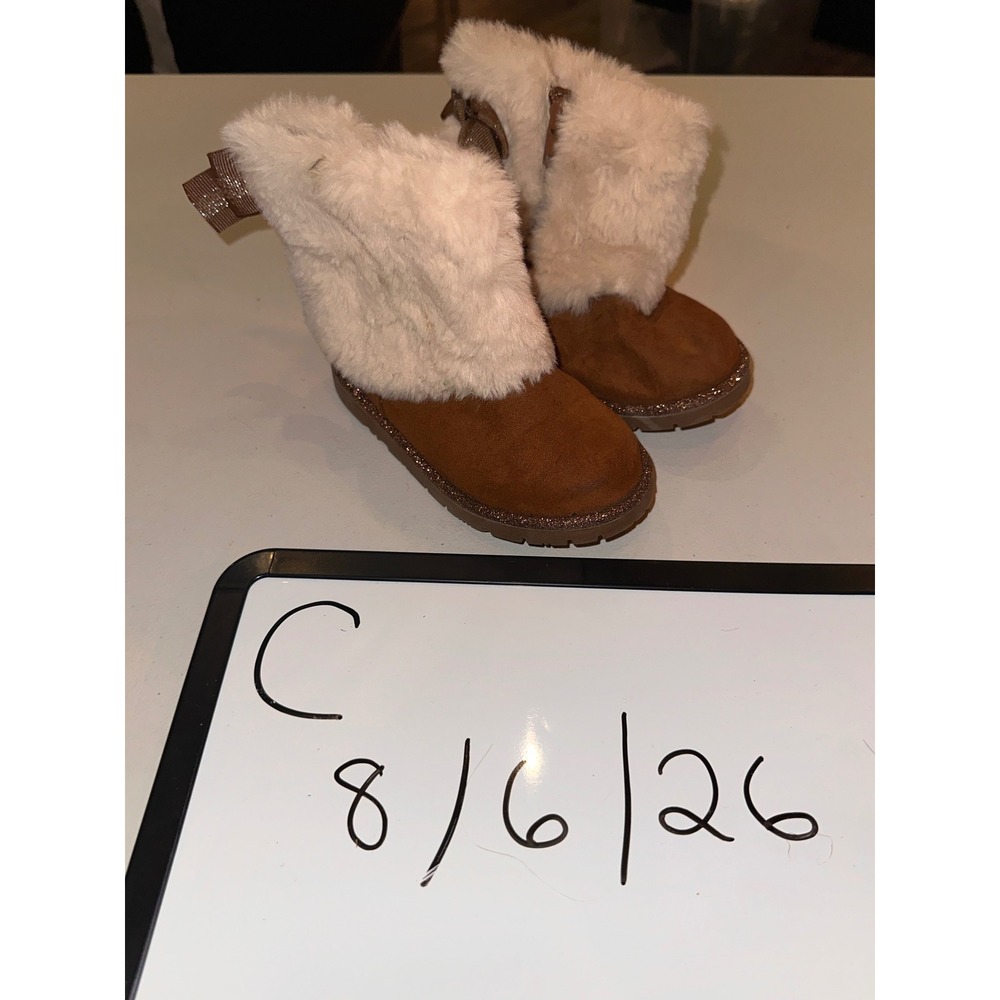 Olive & Edie Girls Faux Suede Fur Trim Boots Brown Glitter Bow Size 8M